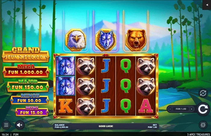 3 Apex Treasures - главен екран на играта со 5x3 ролни